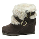 CAT Womens Wedge Ankle Boots Brown Leather UK 3 Fur Trim Buckle Detail