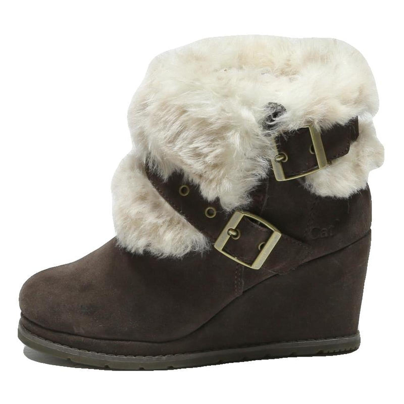 CAT Womens Wedge Ankle Boots Brown Leather UK 3 Fur Trim Buckle Detail