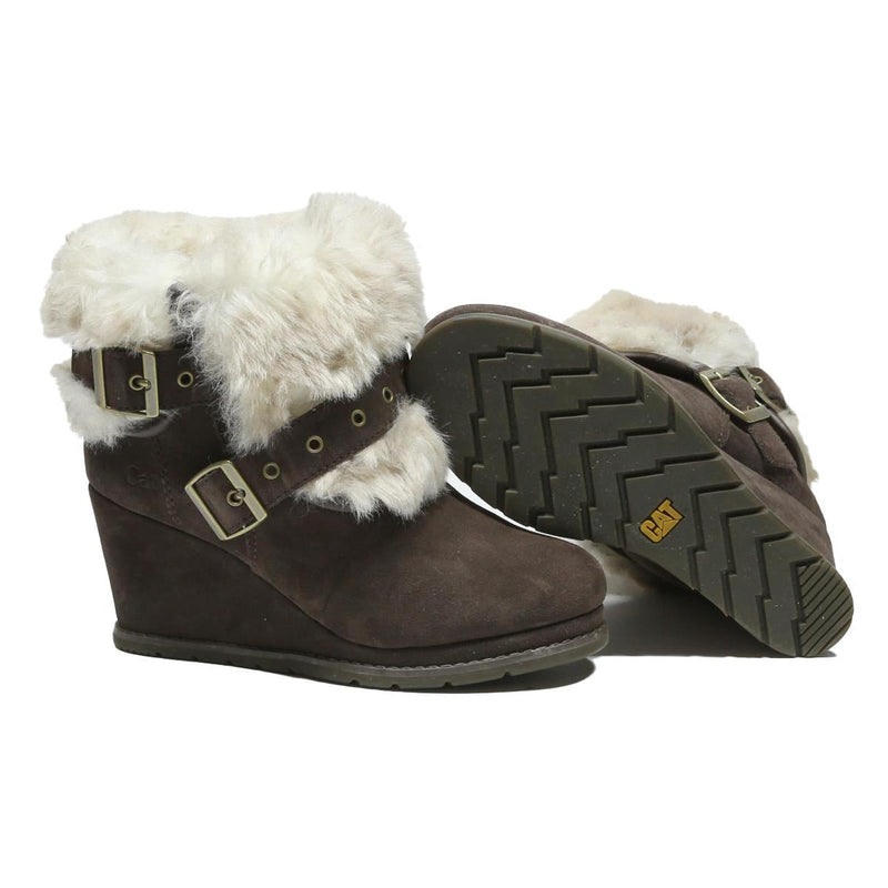 CAT Womens Wedge Ankle Boots Brown Leather UK 3 Fur Trim Buckle Detail