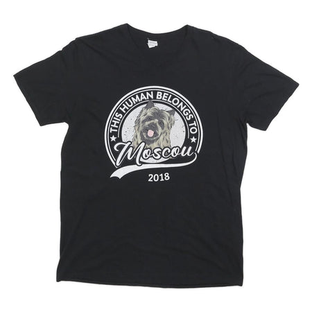 GILDAN Womens Black This Human Belongs To Moscow Dog Graphic T-Shirt L V-Neck