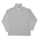 EASY WAY Mens Grey & White Striped Pullover Sweatshirt L Lace Up Neck Casual