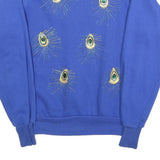 Womens Blue Crew Neck Sweatshirt S Cotton Blend Embroidered Peacock Feather
