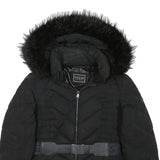 GUESS Womens Black Quilted Jacket M Polyester Blend Zip Hooded Belted Winter