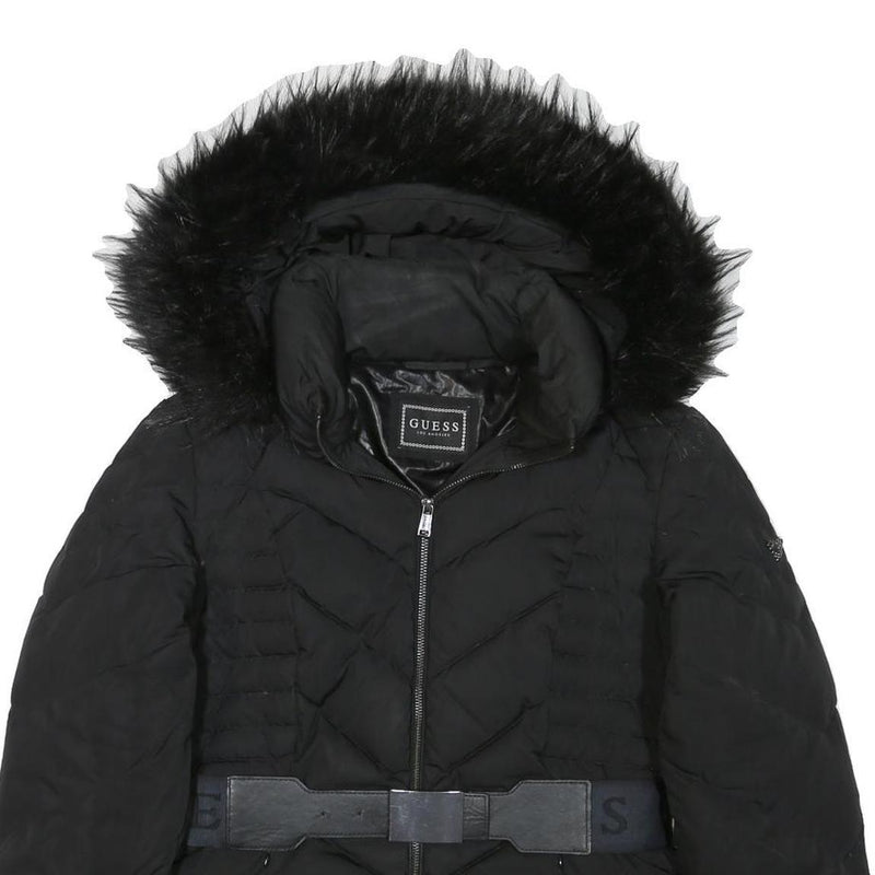GUESS Womens Black Quilted Jacket M Polyester Blend Zip Hooded Belted Winter