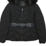 GUESS Womens Black Quilted Jacket M Polyester Blend Zip Hooded Belted Winter