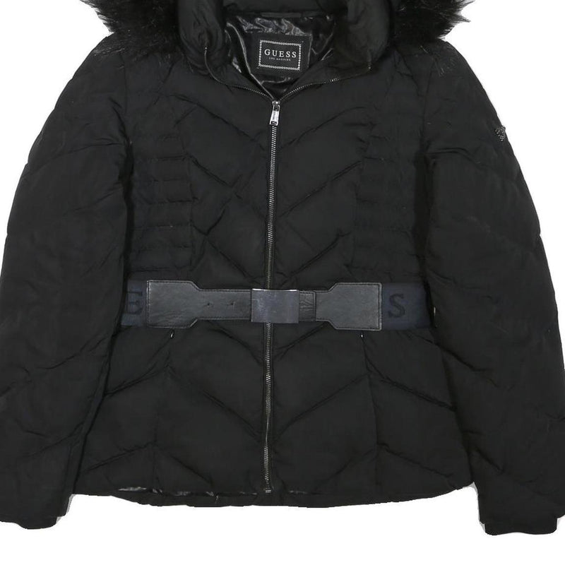 GUESS Womens Black Quilted Jacket M Polyester Blend Zip Hooded Belted Winter