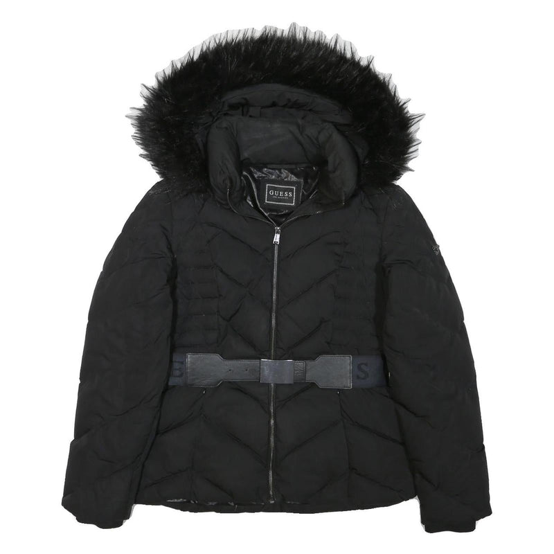 GUESS Womens Black Quilted Jacket M Polyester Blend Zip Hooded Belted Winter