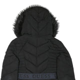 GUESS Womens Black Quilted Jacket M Polyester Blend Zip Hooded Belted Winter