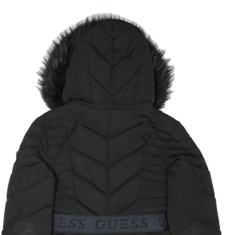 GUESS Womens Black Quilted Jacket M Polyester Blend Zip Hooded Belted Winter