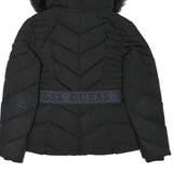 GUESS Womens Black Quilted Jacket M Polyester Blend Zip Hooded Belted Winter