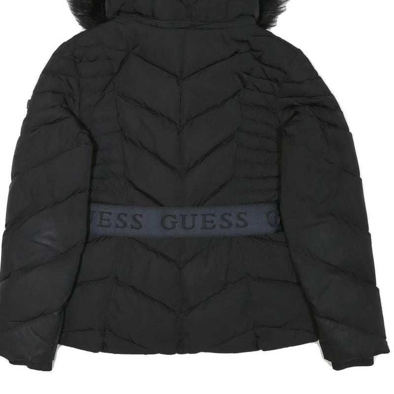 GUESS Womens Black Quilted Jacket M Polyester Blend Zip Hooded Belted Winter