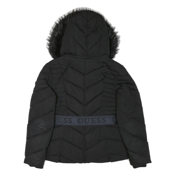 GUESS Womens Black Quilted Jacket M Polyester Blend Zip Hooded Belted Winter