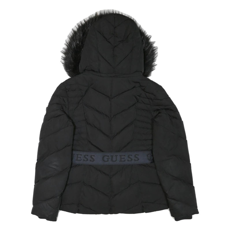 GUESS Womens Black Quilted Jacket M Polyester Blend Zip Hooded Belted Winter