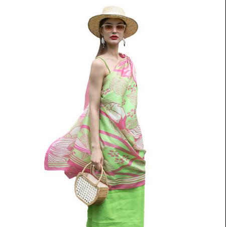Anyyou 100% Mulberry Silk Long Scarf for Women – Pink & Green Luxury Beach Shawl, Pashmina Wrap, Swimwear Cover Up
