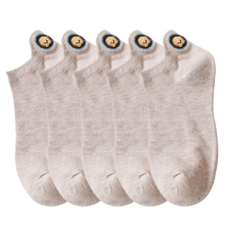 Anyfootwear 5 Pairs One Size 4-5 Khaki Fashion Funny Unisex Cotton Short Socks 3D Stereoscopic Heel Embroidery Cute Candy Color Casual Socks