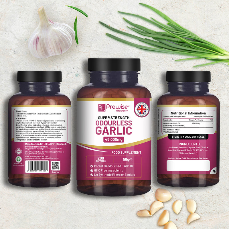 Premium Odourless Garlic Capsules - High Strength 45,000mg - 200 Softgels - Deodourised Premium Garlic Oil Extract from Allium Sativum - Made in UK by Prowise