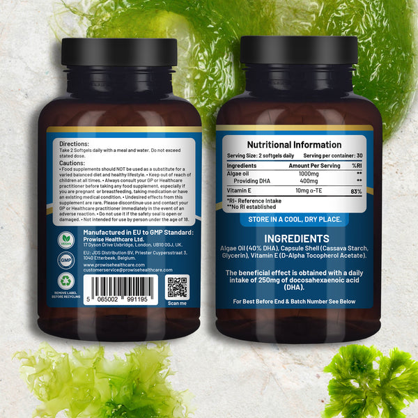 Prowise Vegan Omega-3 DHA from Algae Oil | 60 Softgels with Vitamin E | 400mg DHA + 10mg Vitamin E | 100% Plant-Based | Supports Brain, Eye, and Joint Health | Pure & Sustainable Sourced