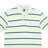 TOMMY HILFIGER Mens Green & Blue Striped Polo Shirt Short Sleeve M Cotton Casual