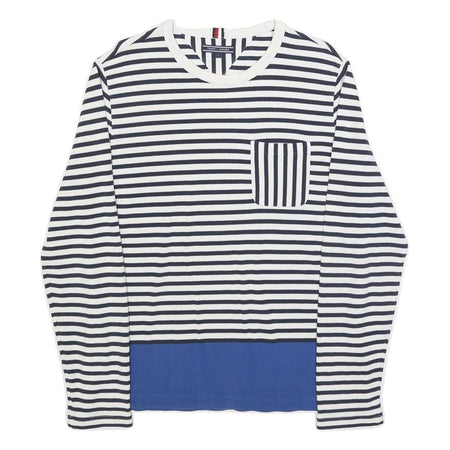 TOMMY HILFIGER Womens Navy & White Striped Plain Crew Neck Basic Knit Jumper L