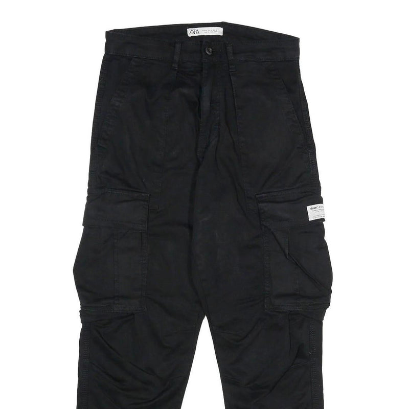 ZARA Mens Black Regular Cargo Trousers W30 L30 Cotton Blend Zip Pocketed