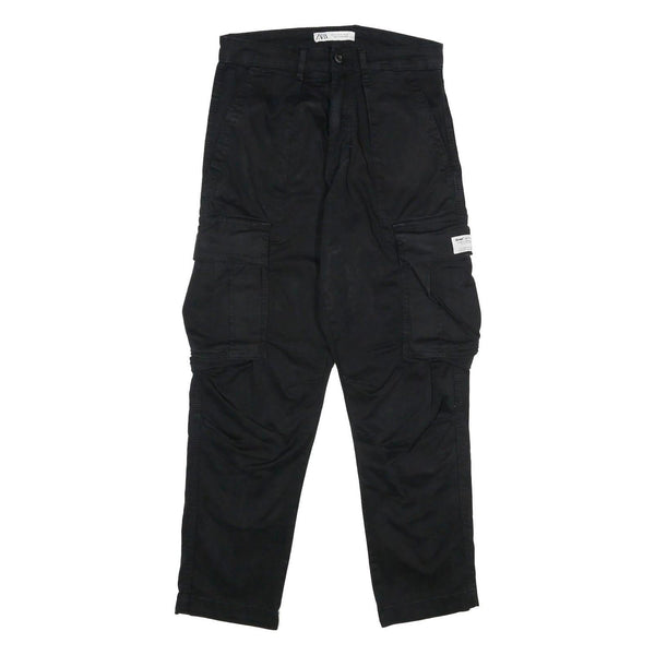 ZARA Mens Black Regular Cargo Trousers W30 L30 Cotton Blend Zip Pocketed