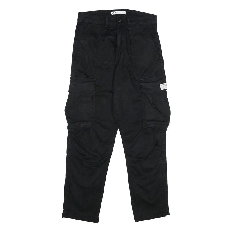 ZARA Mens Black Regular Cargo Trousers W30 L30 Cotton Blend Zip Pocketed
