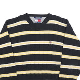 TOMMY HILFIGER Mens Black & Yellow Striped Pattern Crew Neck Basic Knit L Cotton