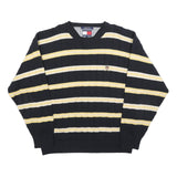 TOMMY HILFIGER Mens Black & Yellow Striped Pattern Crew Neck Basic Knit L Cotton