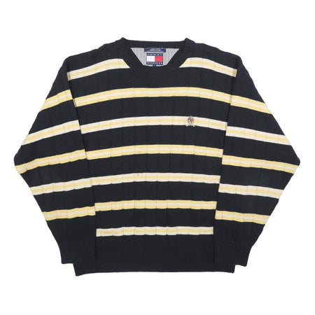 TOMMY HILFIGER Mens Black & Yellow Striped Pattern Crew Neck Basic Knit L Cotton