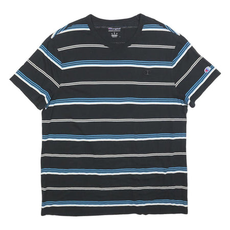 CHAMPION Mens Black & Blue Striped T-Shirt L Short Sleeve Crew Neck Cotton Blend