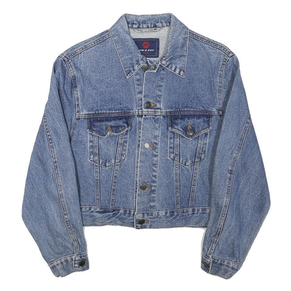NEW & BOY Womens Blue Denim Cotton Blend Button Jacket S Plain Casual Crop