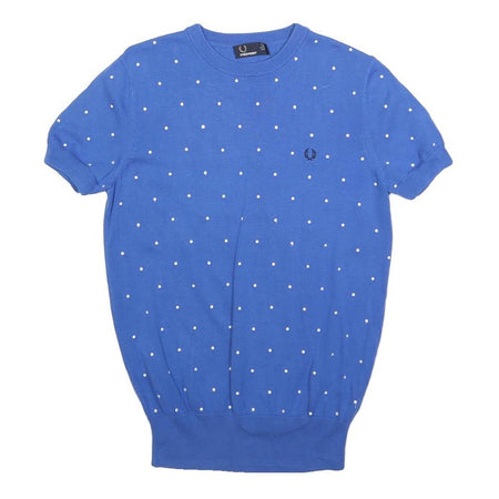 FRED PERRY Womens Blue Polka Dot Patterned Crew Neck Basic Knit UK 10 Cotton