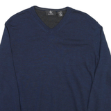 CALVIN KLEIN Mens Blue Plain V-Neck Basic Knit XL Wool Jumper