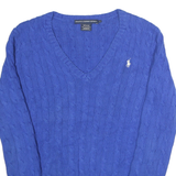 RALPH LAUREN SPORT Mens Blue Cable Knit V-Neck Jumper L Cotton Classic Fit