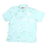 KERRAA Womens Blue Printed Top Short Sleeve Button Neck Silk M Stylish Elegant