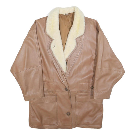 Womens Beige Leather Button Jacket L Shearling Collar Plain Outerwear