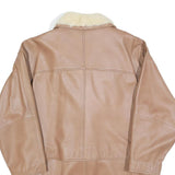 Womens Beige Leather Button Jacket L Shearling Collar Plain Outerwear