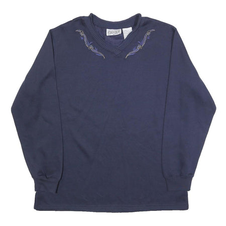JACLYN SMITH Womens Blue V-Neck Sweatshirt L Embroidered Detail