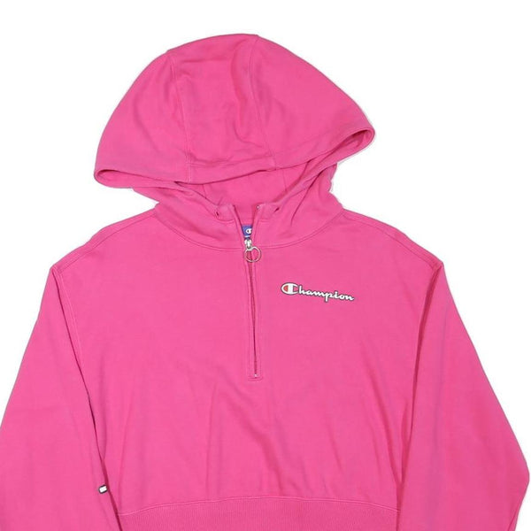 CHAMPION Womens Pink Pullover Hoodie L Cropped ¼ Zip Long Sleeve