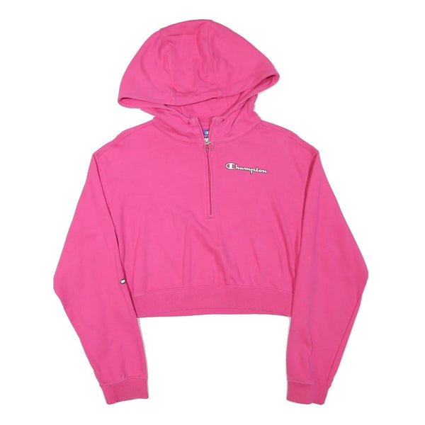 CHAMPION Womens Pink Pullover Hoodie L Cropped ¼ Zip Long Sleeve