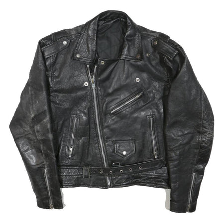 Womens Black Leather Biker Jacket L Woven Asymmetric Zip Zipped Pockets