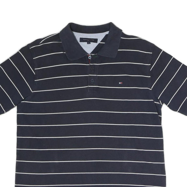 TOMMY HILFIGER Mens Navy Blue & White Striped Short Sleeve Polo Shirt L Classic