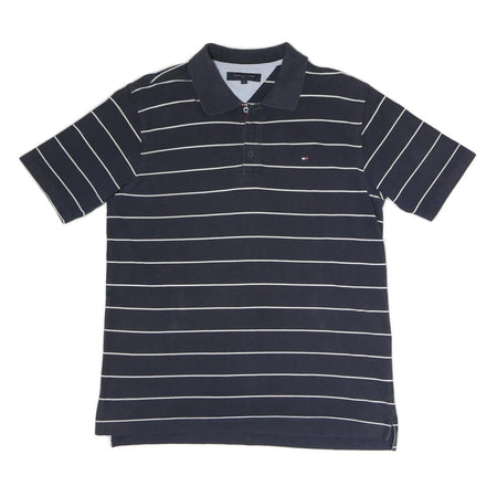 TOMMY HILFIGER Mens Navy Blue & White Striped Short Sleeve Polo Shirt L Classic