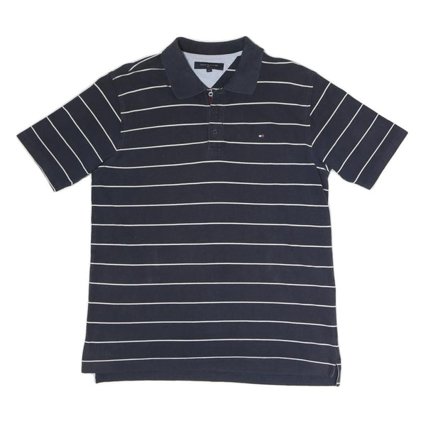 TOMMY HILFIGER Mens Navy Blue & White Striped Short Sleeve Polo Shirt L Classic