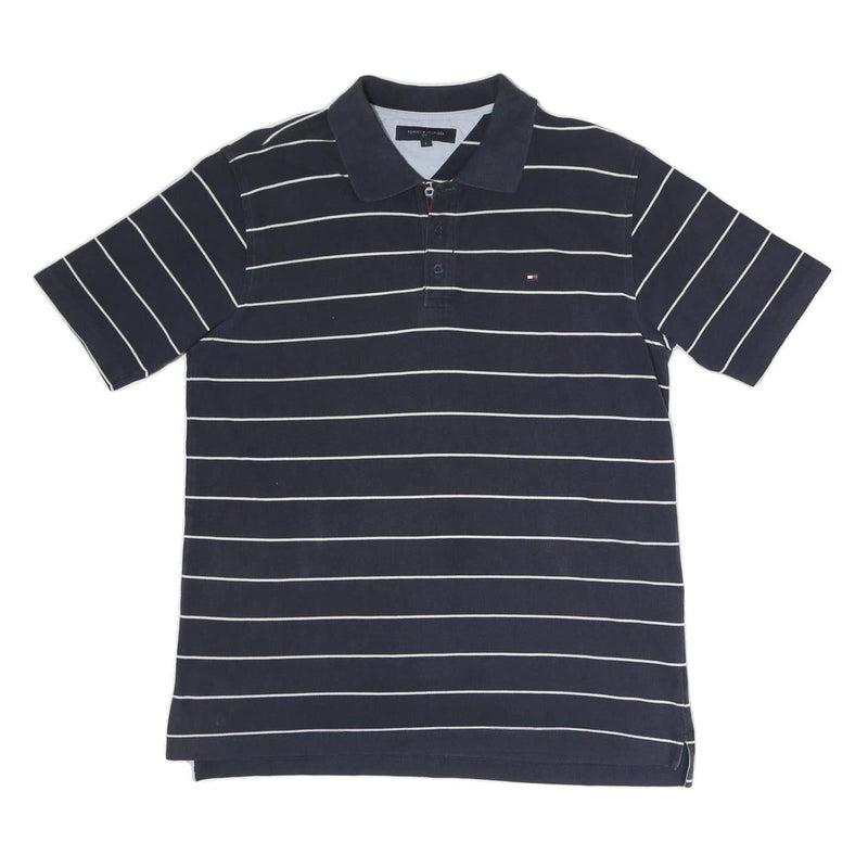 TOMMY HILFIGER Mens Navy Blue & White Striped Short Sleeve Polo Shirt L Classic