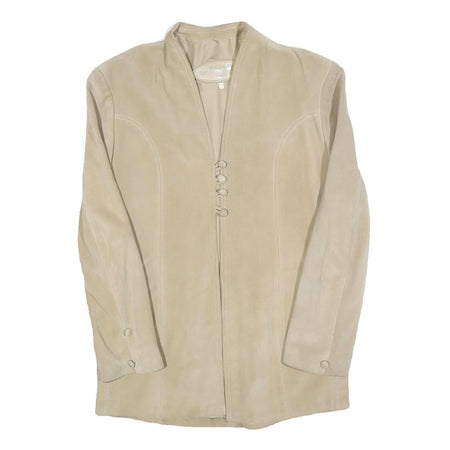 LES FILLES DA COTE Womens Beige Leather Button Jacket S Suede Minimalist Chic