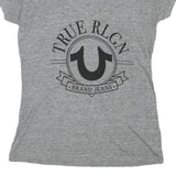 TRUE RELIGION Womens Grey Graphic T-Shirt M Short Sleeve V-Neck Cotton Blend