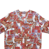 Womens White Brown Red Abstract Print Short Sleeve V-Neck Polyester Top L
