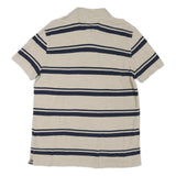 TOMMY HILFIGER Mens Beige & Navy Striped Short Sleeve Polo Shirt L Cotton Blend