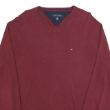 TOMMY HILFIGER Mens Maroon Plain V-Neck Basic Knit Jumper L Casual Cotton Style